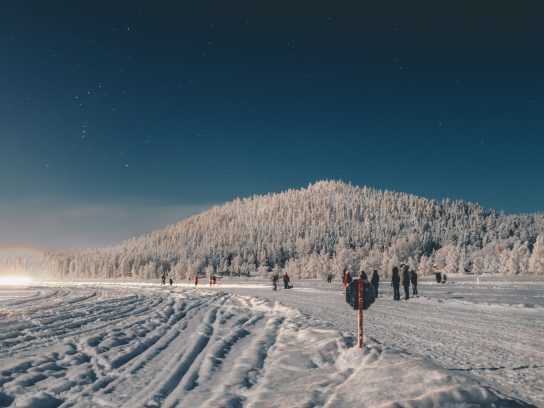 Mensen staan overdag onder een sterrenhemel naast een berg met bomen en sneeuw in Fins Lapland, de bestemming van Lapland Travel.