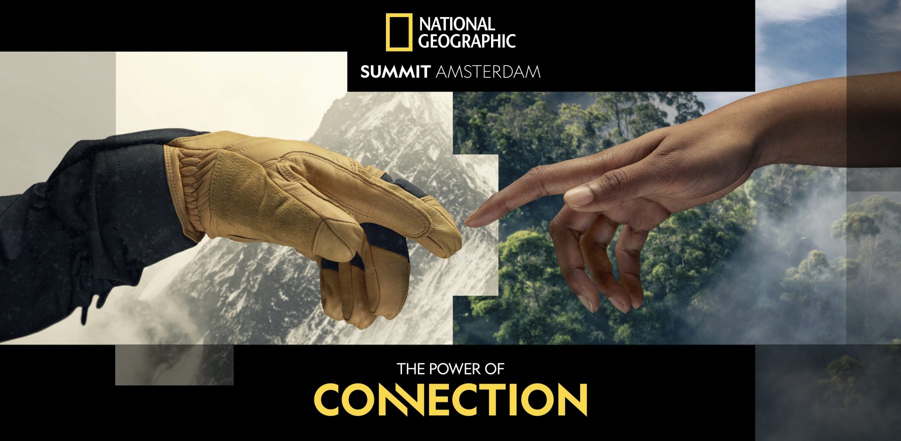 Header voor de National Geographic Summit, met twee handen die naar elkaar reiken: één in een tropische omgeving, de ander in een winterse omgeving met handschoen.