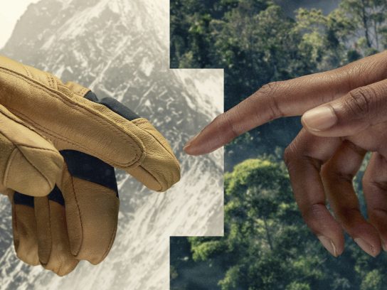 Header voor de National Geographic Summit, met twee handen die naar elkaar reiken: één in een tropische omgeving, de ander in een winterse omgeving met handschoen.