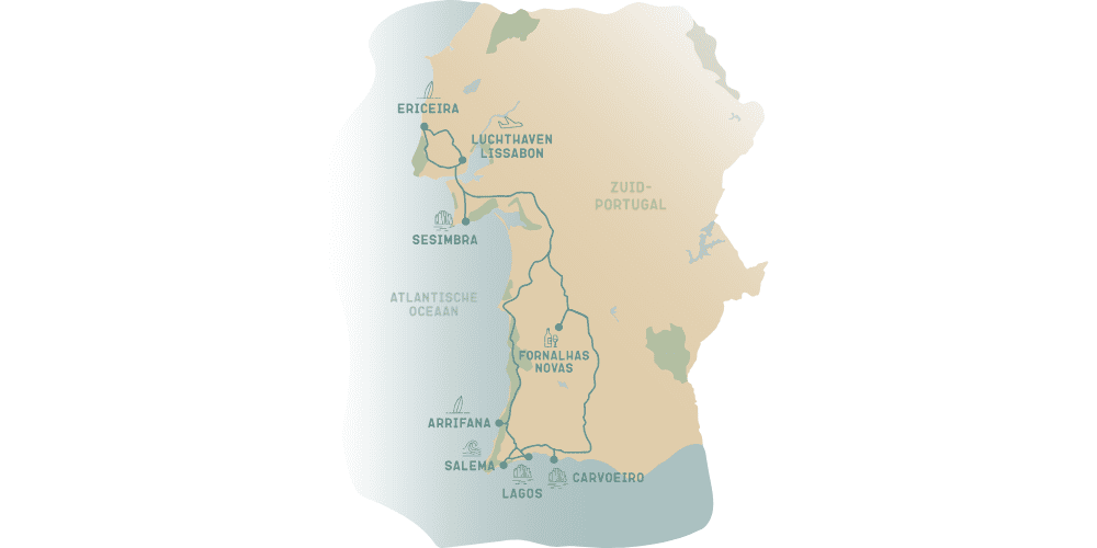 De route van Portugal Nomads weergegeven op een kaart.