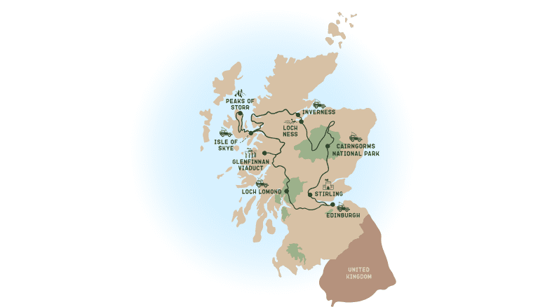 De route van Scotland Nomads uitgestippeld op een landkaart van Schotland.